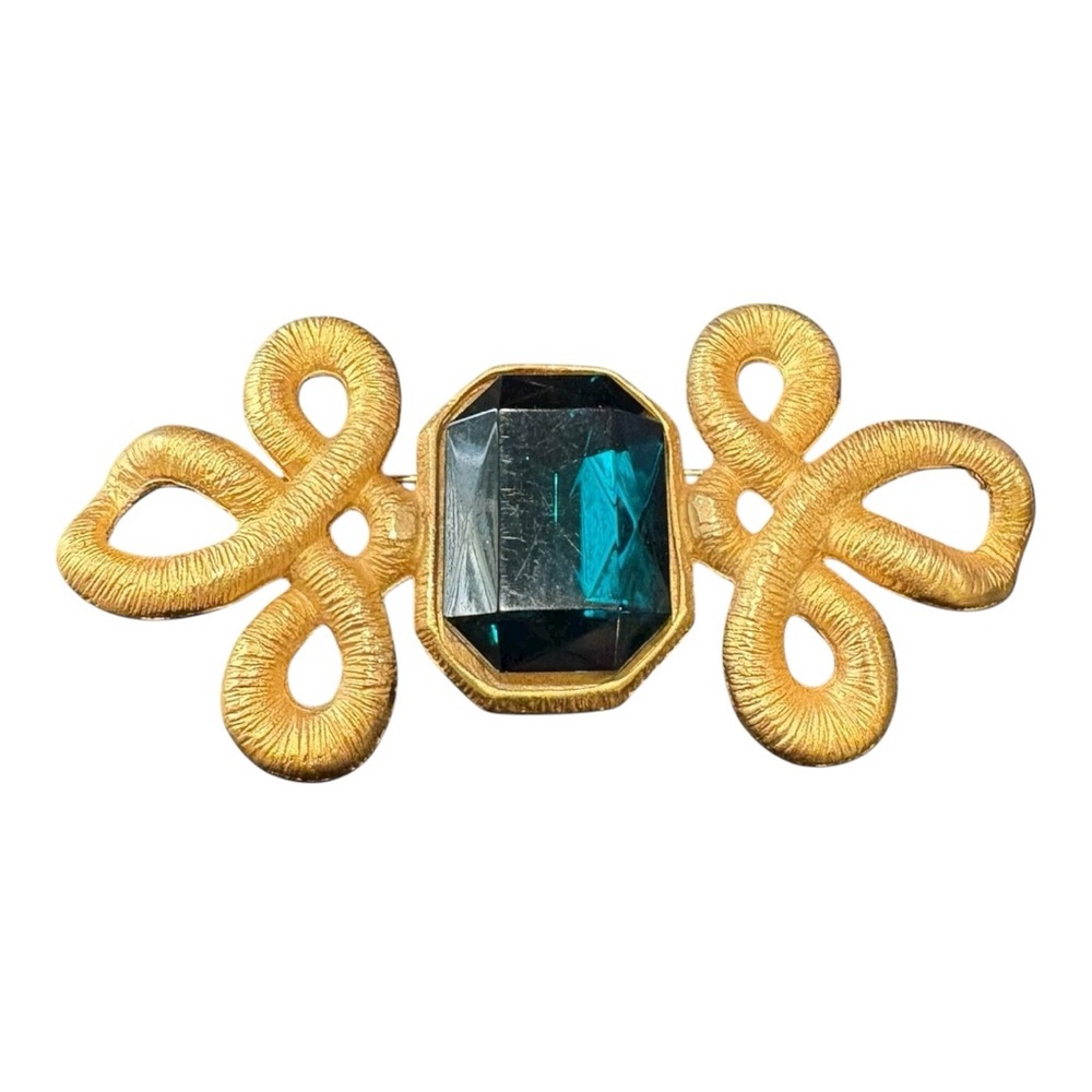 Vintage Gold Tone Emerald Green Glass Ribbon Scroll Brooch Statement Pin J21